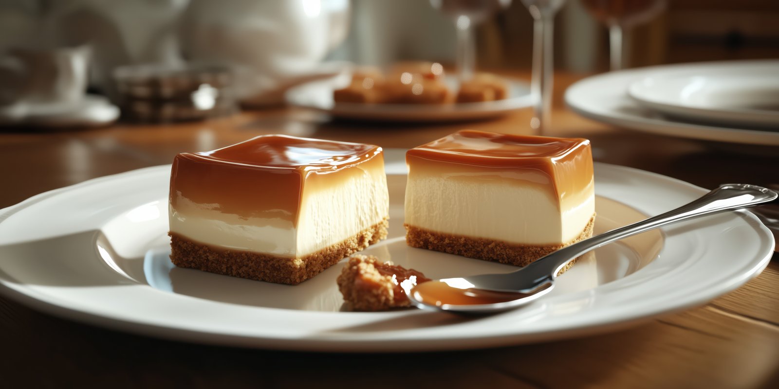 Delicate dessert of creamy cheesecake with caramel sauce on a white plate at a cozy dining setting